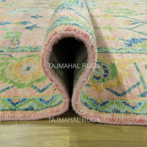 Handmade Pink Oushak Wool Rug: Floral Geometric Design, 8x10
