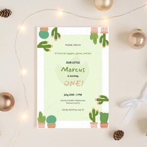 1ère invitation d'anniversaire de cactus | Téléchargement numérique modifiable | Invitation de fête d'anniversaire d'été pour bébé fille ou garçon | Modèle imprimable du thème