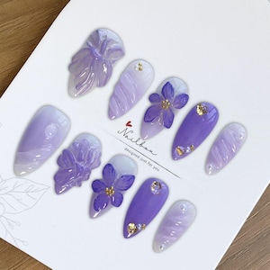 Purple Fairy Orchirds Press-On Nails, Handmade Custom Design Nails, Nail Art Gift, Vacation Nails Box, Mistery Flower Look  21825AT14