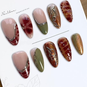 Amber Fall Press-On Nails, Handmade Custom Design Nails, Nail Art Gift, Vacation Nails Box, Mistery Flower Look  21825AT16