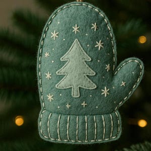Peut inclure: Ornement de Noël en forme de moufle en feutre vert d'eau, orné d'un sapin vert clair et de flocons de neige blancs. La moufle est cousue avec du fil blanc et suspendue à une boucle en ficelle naturelle. Décoration de vacances.