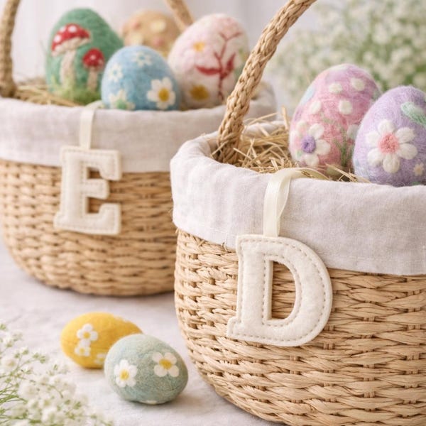 Personalized Easter Basket Letter Ornament – Felt Alphabet Name Tag – Neutral Spring Decor Digital Downloads