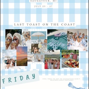 Könnte beinhalten: Ein Wochenendprogramm für einen Junggesellinnenabschied mit blau-weißem Vichy-Muster. Der Text lautet "Grace's Bachelorette Weekend!" in Saugatuck, MI, 25.-27. Juli. Fotos mit einer Braut, einem Pool und einer Gruppe von Frauen.
