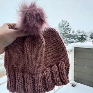Dusty Rose Handknit Hat with Faux Fur Pom | Alpaca Blend Warm Winter Beanie | Cozy Pink Knit Accessory for Women