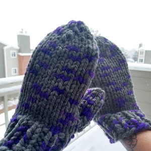 Handmade Gray Purple Wool Mittens | Knit Winter Warmers | Cozy Chunky Knit Handwear | Unique Gift