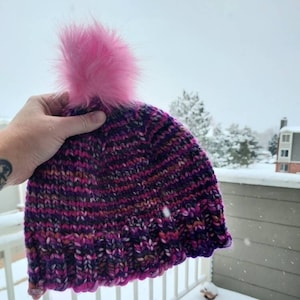 Fuchsia Hand Knit Hat with Pink Pom Pom