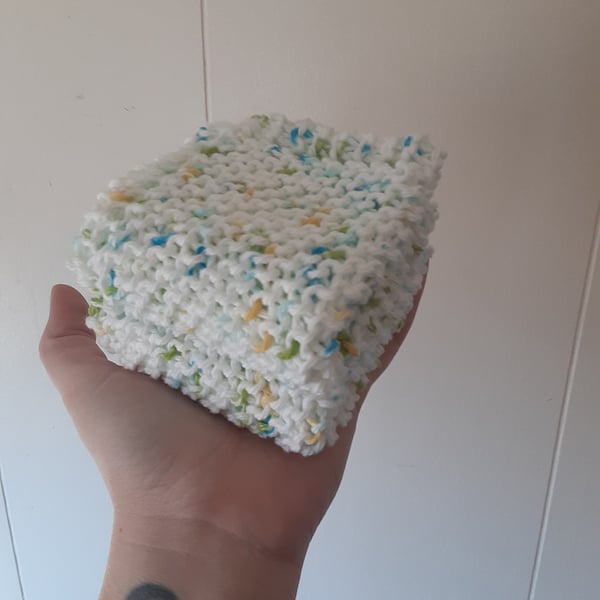 White Knit Dish Cloth with Blue, Green and Yellow Flecks