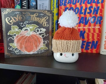 Pumpkin Pie Knit Tiny Hat | Tan Orange White Marshmallow Mug Hat | Fall Tiered Tray Decor