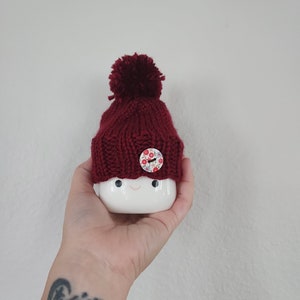 Deep Red Knit Tiny Hat with Painted Wooden Button | Marshmallow Mug Hat | Tiered Tray Decor