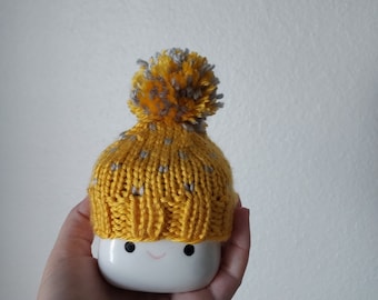 Yellow Knit Tiny Hat with Grey Hearts | Marshmallow Mug Hat | Sweet Tiered Tray Decor