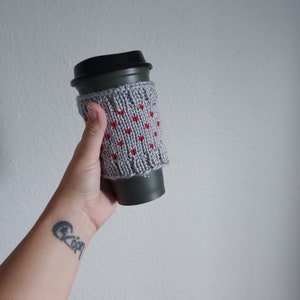 Grey with Red Hearts Cable Knit Travel Mug Sleeve