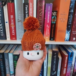 Orange Knit Tiny Hat with Wooden Button | Marshmallow Mug Hat | Tiered Tray Decor