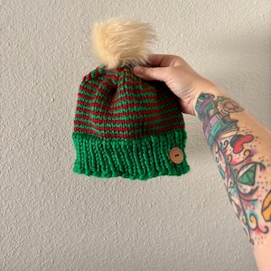 Knit Red and Green Striped Pom Pom Hat