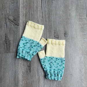 Hand Knit Blue and White Fingerless Gloves