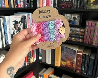 Pastelkleurige strepen gebreide mok Cosy - handgemaakte koffie cosy