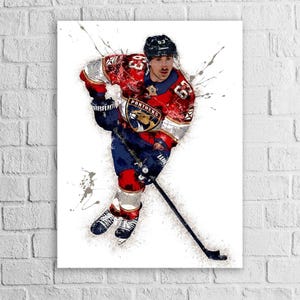 May include: Watercolor painting of a hockey player in a red, blue, and white uniform with the number 63. The player is skating with a hockey stick, and the team logo is visible. The background is white with gray paint splatters.