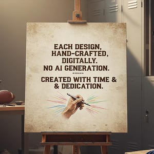 a poster with a hand-drawn illustration of a pen and a colorful burst of light, accompanied by the text "Each design, hand-crafted, digitally. No AI generation. Created with time & dedication."
