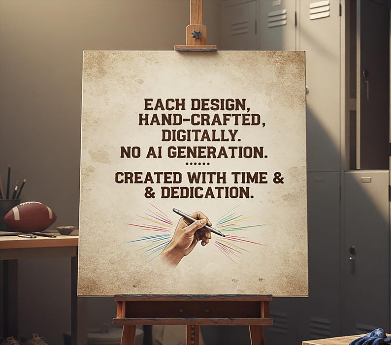 a poster with a hand-drawn illustration of a pen and a colorful burst of light, accompanied by the text "Each design, hand-crafted, digitally. No AI generation. Created with time & dedication."