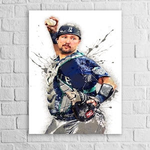 May include: A watercolor-style print of a baseball catcher in action, throwing a ball. The catcher wears a navy blue helmet with the number 29, a navy blue and teal uniform, and a black catcher's mitt. The artwork has gray paint splatter effects.