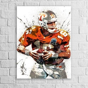 May include: An artistic print of a football player in an orange jersey with the number 89. The player is holding a football, wearing a helmet, and is set against a white background with paint splatter effects.
