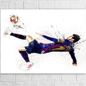 May include: An artistic rendering of a soccer player mid-kick, with a soccer ball in the air. The player is wearing a blue and maroon uniform. The image has a watercolor effect with paint splatters.