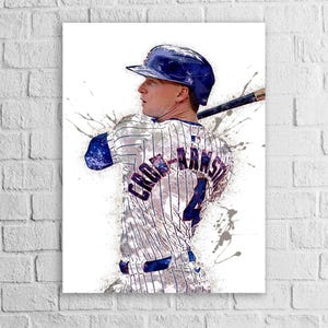 May include: Watercolor print of a baseball player in a blue and white uniform, holding a bat. The player wears a blue helmet. The name "CROW-ARMSTRONG" and the number "4" are visible on the back of the jersey.