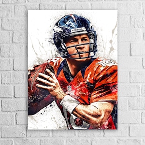 May include: Artwork of a football player in an orange and blue uniform, holding a football. The player is wearing a helmet with the team logo. The artwork has a watercolor effect with paint splatters.