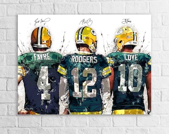 May include: A canvas print depicting three American football players in green and yellow uniforms, seen from behind. The players wear helmets and jerseys with the names and numbers "FAVRE 4", "RODGERS 12", and "LOVE 10". The artwork has a watercolour effect.