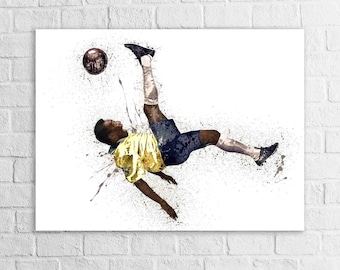 May include: Watercolour illustration of a footballer performing a bicycle kick. The player is in a yellow jersey and blue shorts. A football is near the player's foot, with paint splatter effects suggesting motion. The artwork has a dynamic feel.
