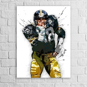 May include: An artistic rendering of an American football player in a green and gold uniform. The player is wearing a helmet with the number 58. The artwork has a watercolor effect with paint splatters.
