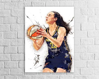 May include: Artistic print of a basketball player in a navy blue and yellow uniform, holding a basketball. The artwork has a watercolor effect with paint splatters, and the player is looking up.