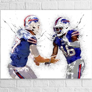 May include: An artistic rendering of two football players in blue and white uniforms, with the Buffalo Bills logo on their helmets. The players are in action, with one reaching out to the other. The background has a watercolor effect.