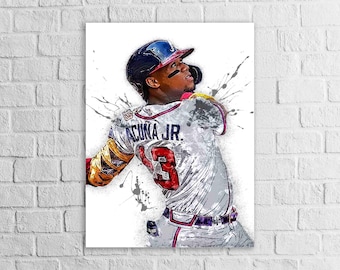 May include: Artwork of a baseball player in a white jersey with the name "ACUNA JR." and the number "13" in red. The player is wearing a blue and red helmet and is in a batting stance. Splatter art style.