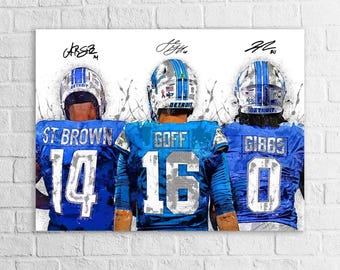 Jared Goff, Amon-Ra St. Brown, Jahmyr Gibbs, Detroit Lions, Gallery Canvas Wrap, Premium Poster, Wall Art, Man Cave, Kids room, Office