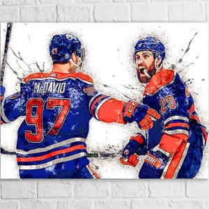 May include: A digitally painted image of two hockey players in blue and orange jerseys celebrating. One player's jersey displays the number 97 and the name McDavid. The other player's jersey displays the number 29.