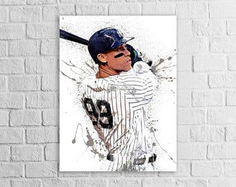 May include: Watercolor-style artwork of a baseball player in a pinstripe uniform, wearing a navy blue cap. The player is mid-swing, with the number 99 visible on the back of the jersey. Splatter effects add a dynamic feel.