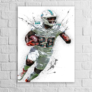 May include: Artwork of a football player in a Dolphins uniform, number 28, running with the ball. The image has a watercolor effect with gray paint splatters. The player wears a white helmet with teal accents.
