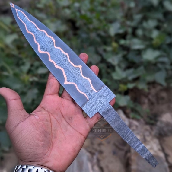 custom knife, handmade Damascus steel knife, blank blade, copper knife blade
