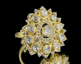 925 Silver Moissanite Polki Ring: Gold Plated Indian Bridal Jewelry