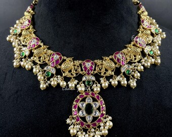 925 Silver Kemp Stone Necklace: South Indian Temple Jewelry Set