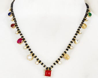 Moissanite Polki Navratna Mangalsutra Necklace Earring Set: 925 Silver Indian Jewelry