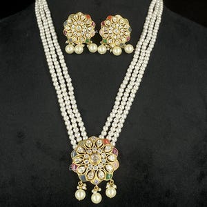 925 Silver Moissanite Polki Necklace: Navratan Pearl Indian Bridal Jewelry