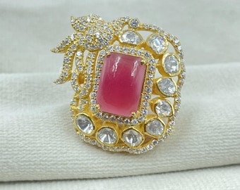 925 Silver Moissanite Polki Ring, 22K Gold Plated Indian Jewelry