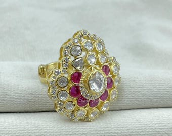 925 Silver Moissanite Polki Ring, Gold Plated Kundan Indian Jewelry, party Wear jewelry