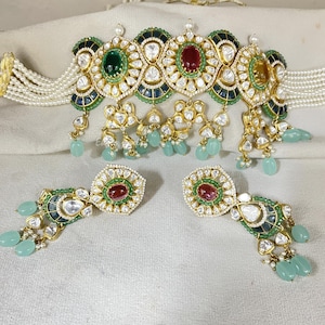 925 Silver Moissanite Polki Necklace Set: Indian Bridal Jewelry