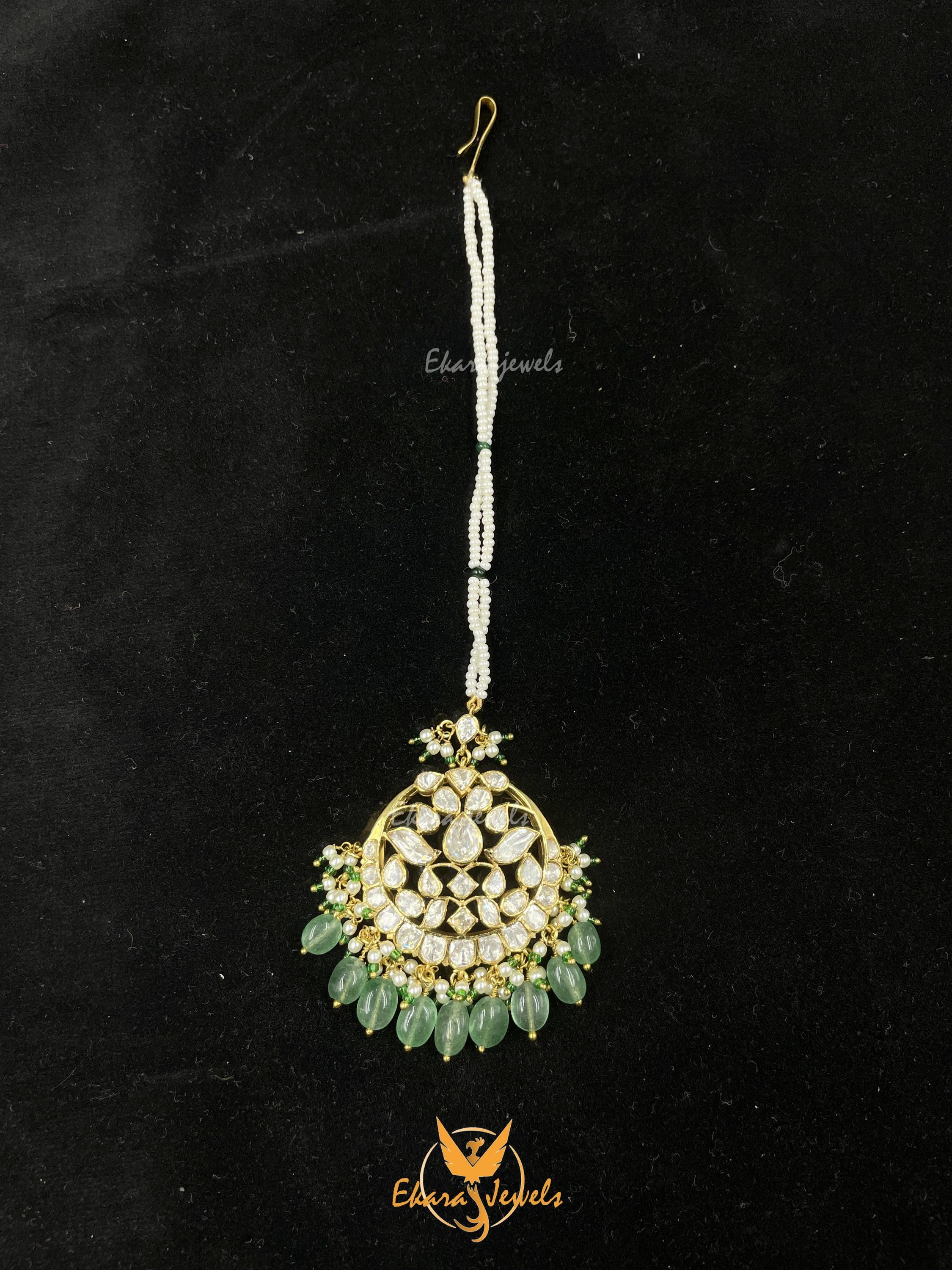 Silver Moissanite Polki Maang Tikka: Pearl & Green Beaded Indian Bridal Headpiece