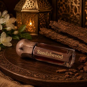 May include: A rectangular glass bottle of dark brown liquid with a metallic cap, featuring the word Sandalwood printed in gold on the front. The bottle is surrounded by white jasmine flowers, pieces of raw wood, and a decorative metal lantern.