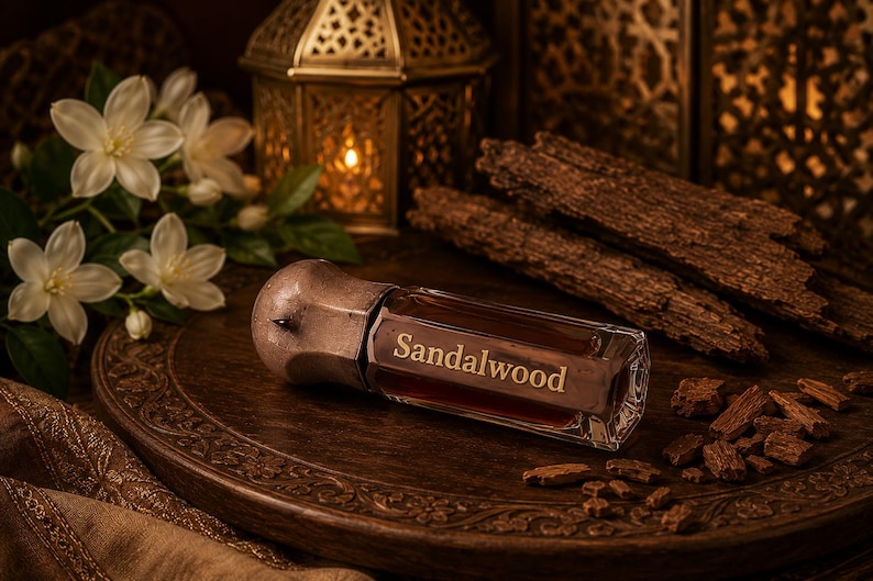 May include: A rectangular glass bottle of dark brown liquid with a metallic cap, featuring the word Sandalwood printed in gold on the front. The bottle is surrounded by white jasmine flowers, pieces of raw wood, and a decorative metal lantern.