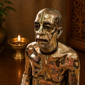 May include: A polished brass bust of a person with a shaved head, featuring a dark beaded necklace and white vertical markings on the forehead, chest, and throat. The metallic surface reflects light, highlighting the facial features and contours.