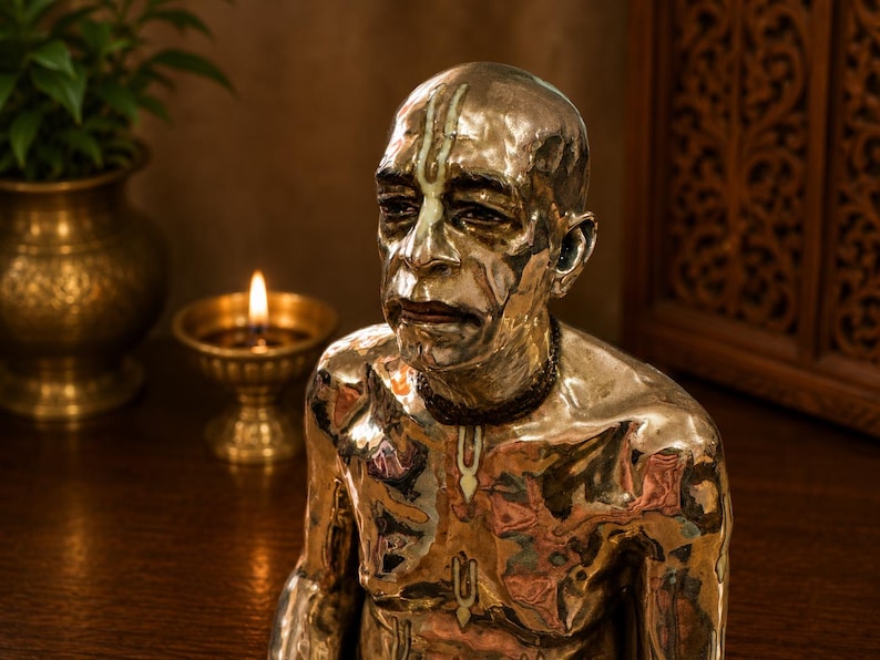 May include: A polished brass bust of a person with a shaved head, featuring a dark beaded necklace and white vertical markings on the forehead, chest, and throat. The metallic surface reflects light, highlighting the facial features and contours.